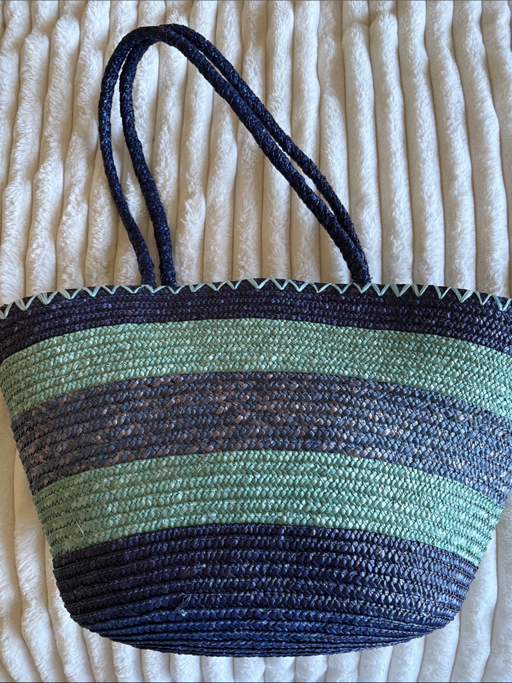 Striped Woven Straw Tote Bag in Navy and Green